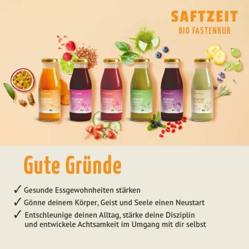 Frische Saftflaschen der Saftzeit 3-Tages-Fastenkur Bio.