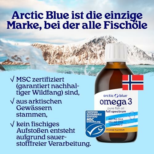 Arctic Blue Omega-3 Fischölflasche vor Bergkulisse.