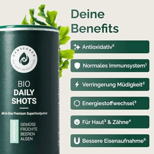 Bio Daily Shots Dose mit Vorteilen wie antioxidativ, normales Immunsystem und mehr.