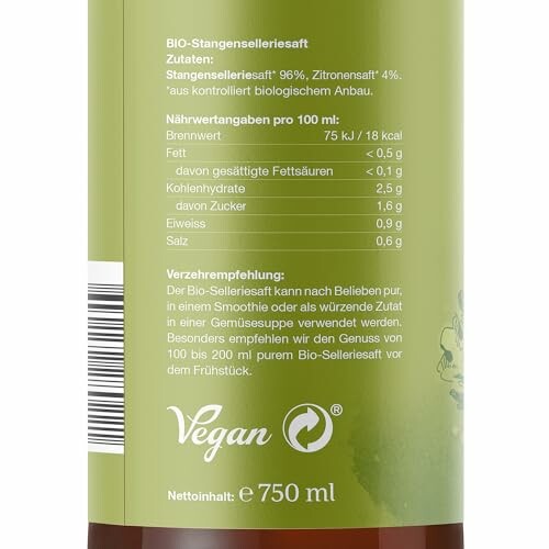 Etikett mit Nährwertangaben von Bio-Stangenselleriesaft.