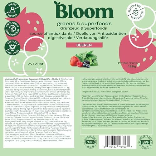 Etikett von Bloom Greens & Superfoods mit Beeren.
