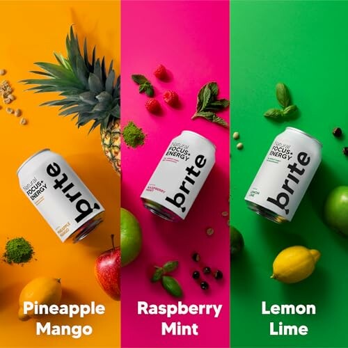 Drei Dosen Brite-Getränke mit Ananas-Mango, Himbeere-Minze und Zitrone-Limette