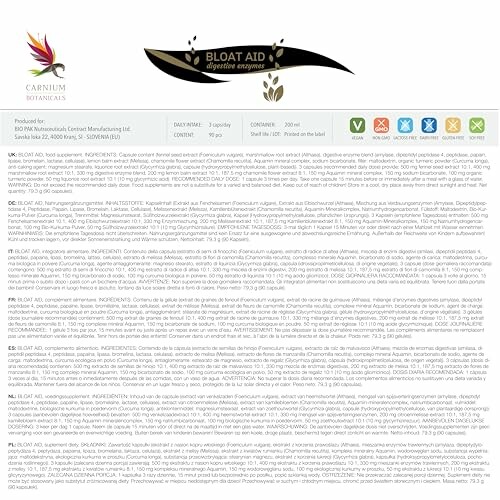 Etikett von Carnium Botanicals Bloat Aid mit Zutatenliste und Gebrauchsanweisung.