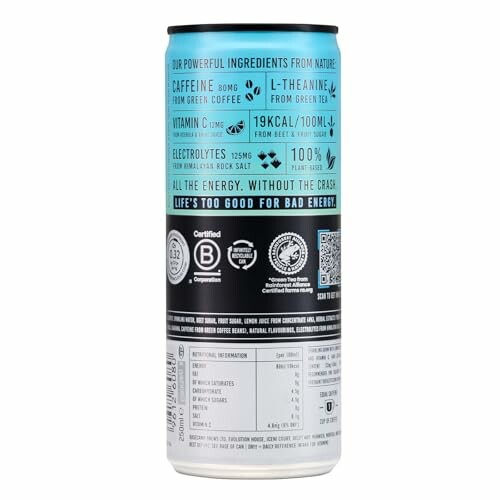 Dose eines Energiegetränks mit Inhaltsstoffen und Nährwertangaben