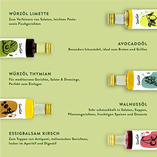 Fünf Flaschen mit verschiedenen aromatisierten Ölen und Essig.