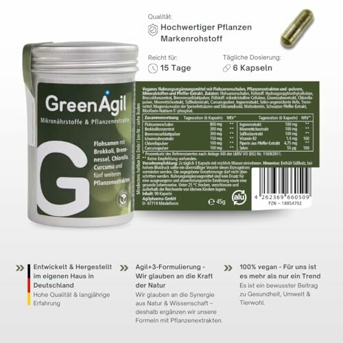 GreenAgil Nahrungsergänzungsmittel Verpackung mit Zutatenliste und Dosierungshinweisen.