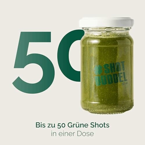Grünes Shot-Glas mit Beschriftung 'Bis zu 50 Grüne Shots in einer Dose'.