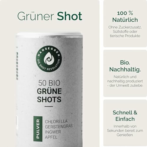 Dose mit grünem Shot und Bio-Beschreibung.