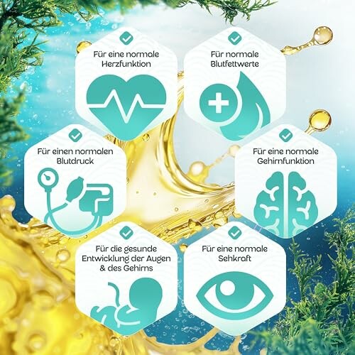 Symbole für Herzfunktion, Blutfettwerte, Blutdruck, Gehirnfunktion, Augen- und Gehirnentwicklung, Sehkraft