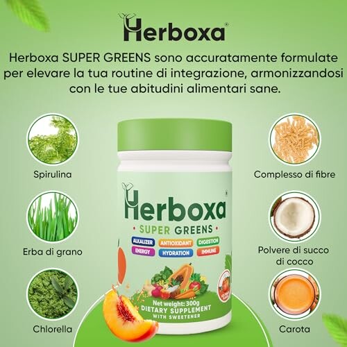 Herboxa Super Greens Nahrungsergänzungsmittel mit Zutaten und Geschmack.