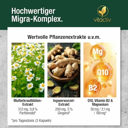 Werbung für hochwertige Pflanzenextrakte mit Mutterkraut, Ingwer und Vitaminen.