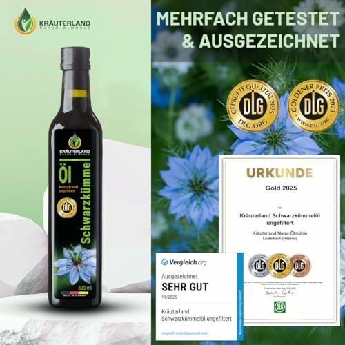 Flasche von Kräuterland Schwarzkümmelöl und Auszeichnungszertifikat