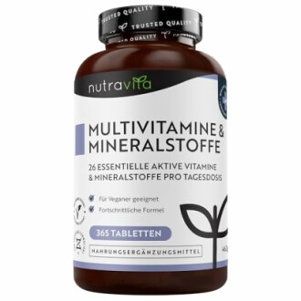 Flasche mit Multivitamin- und Mineralstofftabletten.