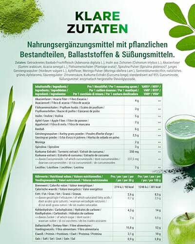 Nahrungsergänzungsmittel mit pflanzlichen Zutaten und Nährwerttabelle.