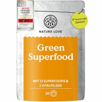 Packung von Nature Love Green Superfood mit 15 Superfoods und 2 Vitalpilzen