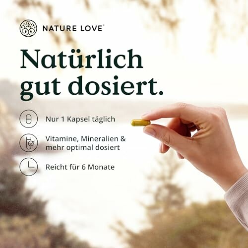 Hand hält Kapsel mit Text über Nahrungsergänzungsmittel.