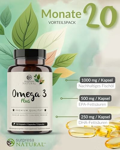 Omega-3-Ergänzungsmittel in hochwertiger Verpackung mit Blättern und Kapseln.