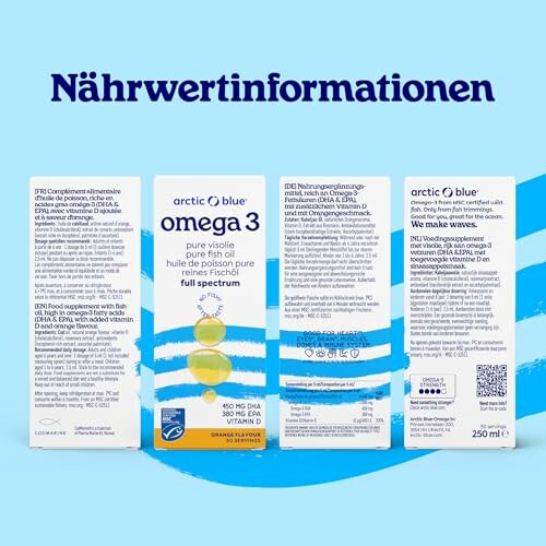 Verpackung von Omega-3-Ergänzungsmittel mit Nährwertangaben.