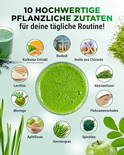 Zehn hochwertige pflanzliche Zutaten für die tägliche Routine, darunter Kurkuma, Baobab und Spirulina.