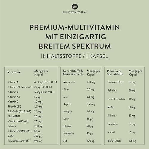 Nährwertangaben für Premium-Multivitamin, enthält Vitamine und Mineralstoffe.