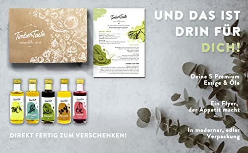 Geschenkset mit fünf Premium Essigen und Ölen in moderner Verpackung.