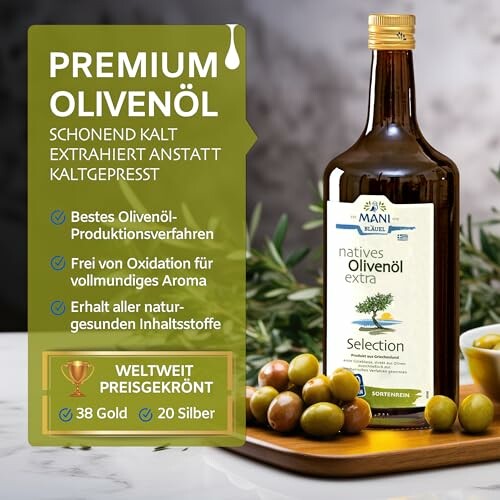 Premium Olivenöl von Mani Bläuel mit Auszeichnungen.