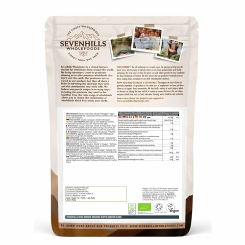 Rückseite einer Sevenhills Wholefoods Verpackung mit Informationen und Zertifizierungen.