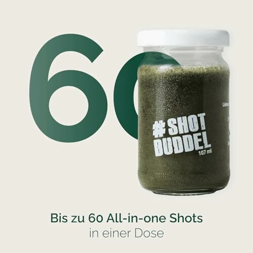 Glas mit grünem Saft und Text über 60 Shots