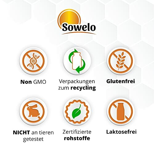 Sowelo Produktmerkmale: Nicht-GVO, recyclingfähige Verpackungen, glutenfrei, nicht an Tieren getestet, zertifizierte Rohstoffe, laktosefrei.