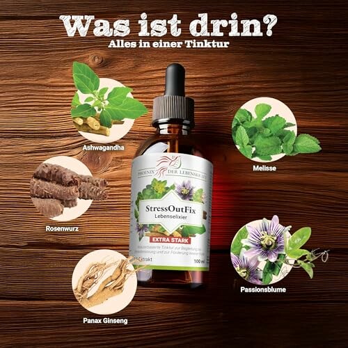 Flasche mit Stresslinderungstinktur und Zutaten: Ashwagandha, Melisse, Rosenwurz, Passionsblume, Panax Ginseng.
