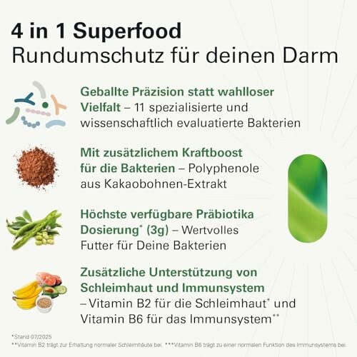 4 in 1 Superfood mit Bakterien, Polyphenolen, Präbiotika und Vitaminen für den Darm.