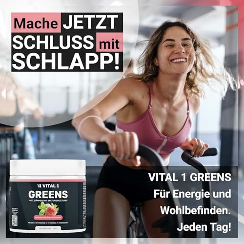 Frau trainiert auf Heimtrainer, Vital 1 Greens Werbung