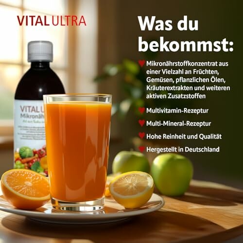 Vital Ultra Getränk mit Nährstoffliste und Glas Orangensaft