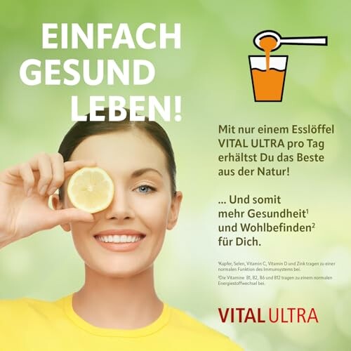 Frau hält Zitronenscheibe vor ihrem Auge, Vital Ultra Werbung