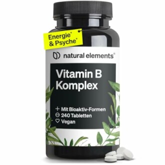 Flasche mit Vitamin B Komplex Tabletten von Natural Elements, vegan.