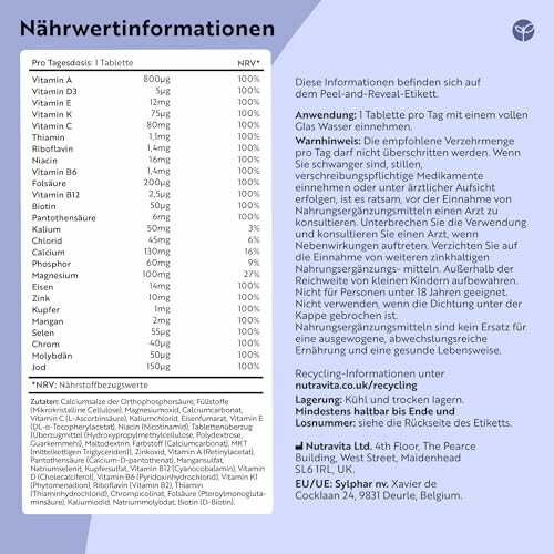 Nährwertinformationen und Anwendungshinweise für ein Vitaminpräparat.