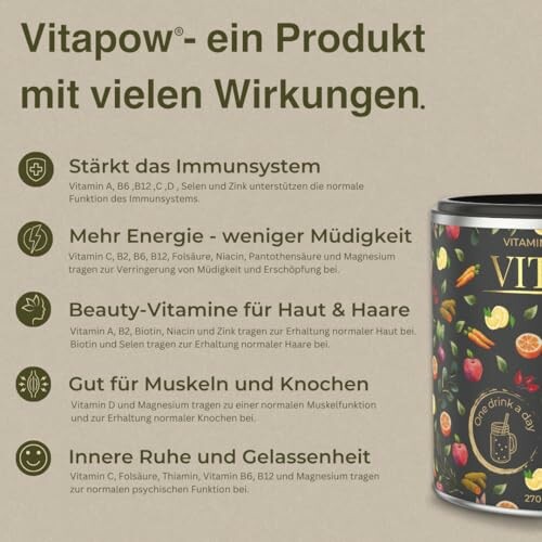 Vitapow-Dosenverpackung und gesundheitliche Vorteile.